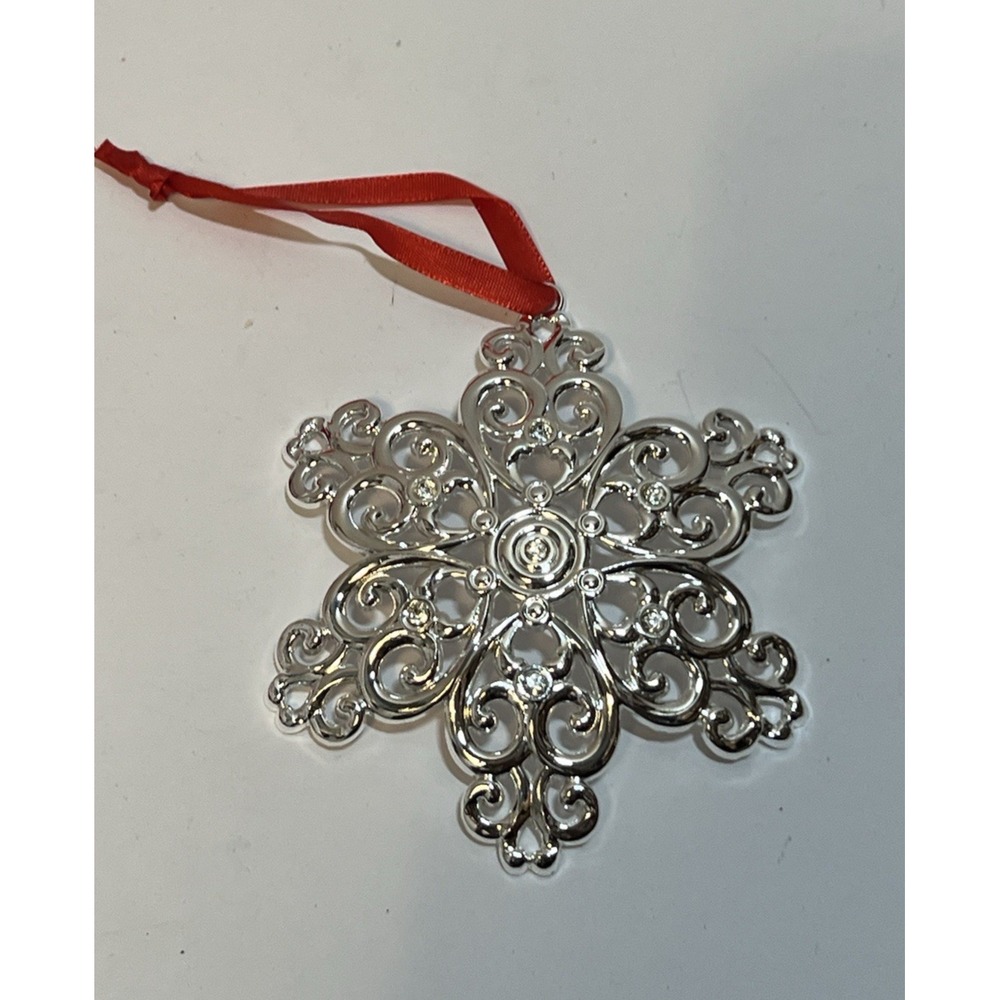 Lenox Ornament Silver Tone Snowflake Crystal Filigree 4in Silver Holiday Decor